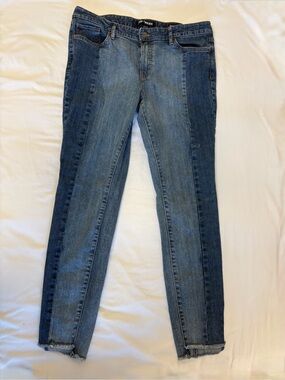 Joe Fresh Two Tone Panelled Slim Fit Medium Wash Jeans Step Raw Hem Size 31